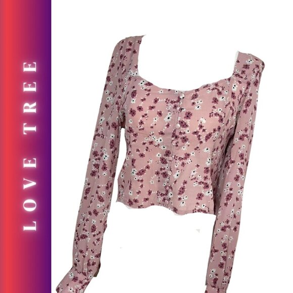 Large Women Crop Long Sleeve Woven Blouse Pink Floral Love Tree Corset - Picture 1 of 5